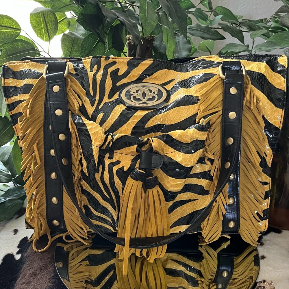 Sharif Leather Yellow and Black Tote with Zebra Print and Fringe Details